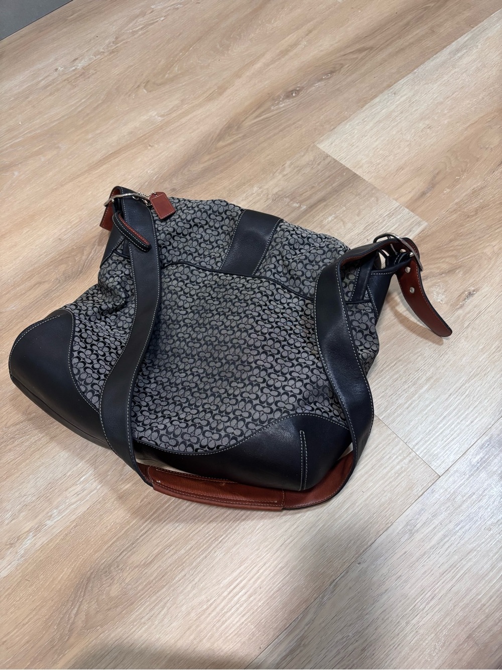 COACH Signature Black Grey Jacquard & Leather Crossbody Saddle Bag - Picture 7 of 14